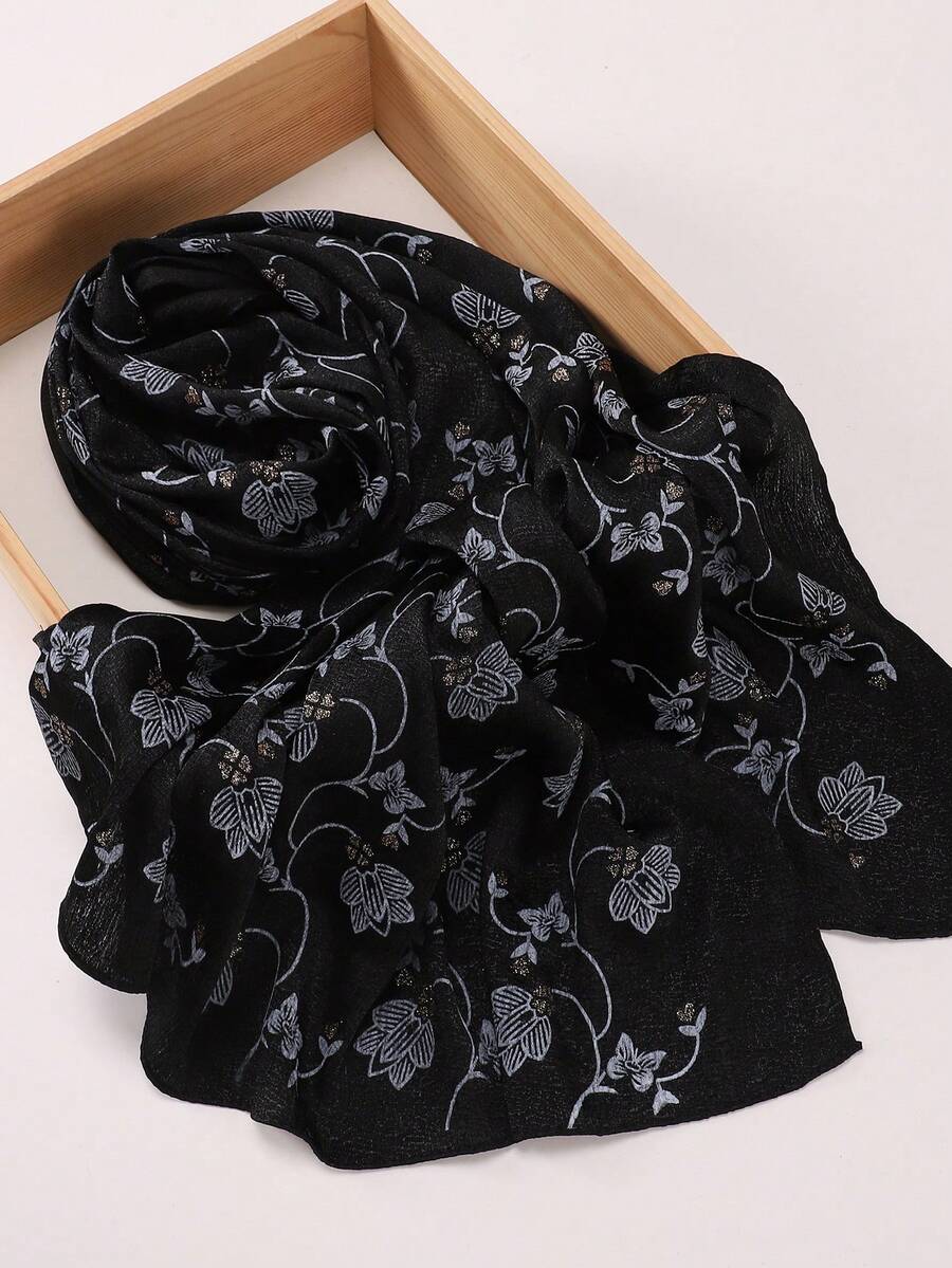 1pc Crinkled Satin Hijab Scarf, Suitable For Daily Wear - Black and White - View 1