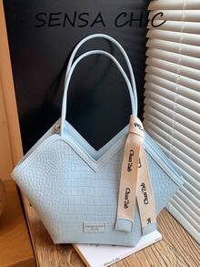 Tas Selempang Leher V Bergaya Vintage Prancis, PU Biru dengan Dekorasi Pita Acak, Tas Jinjing Kapasitas Besar, Tas Komuter Serbaguna Sepanjang Musim untuk Pekerja Kantoran, Tas Bahu Ringan untuk Penggunaan Sehari-hari - Biru - View 7