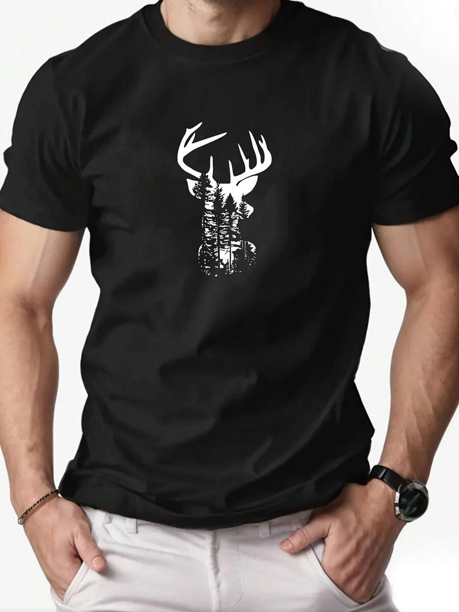 Men's Deer Pattern Summer Casual Short-Sleeve T-Shirt - 黑色 - 查看 1