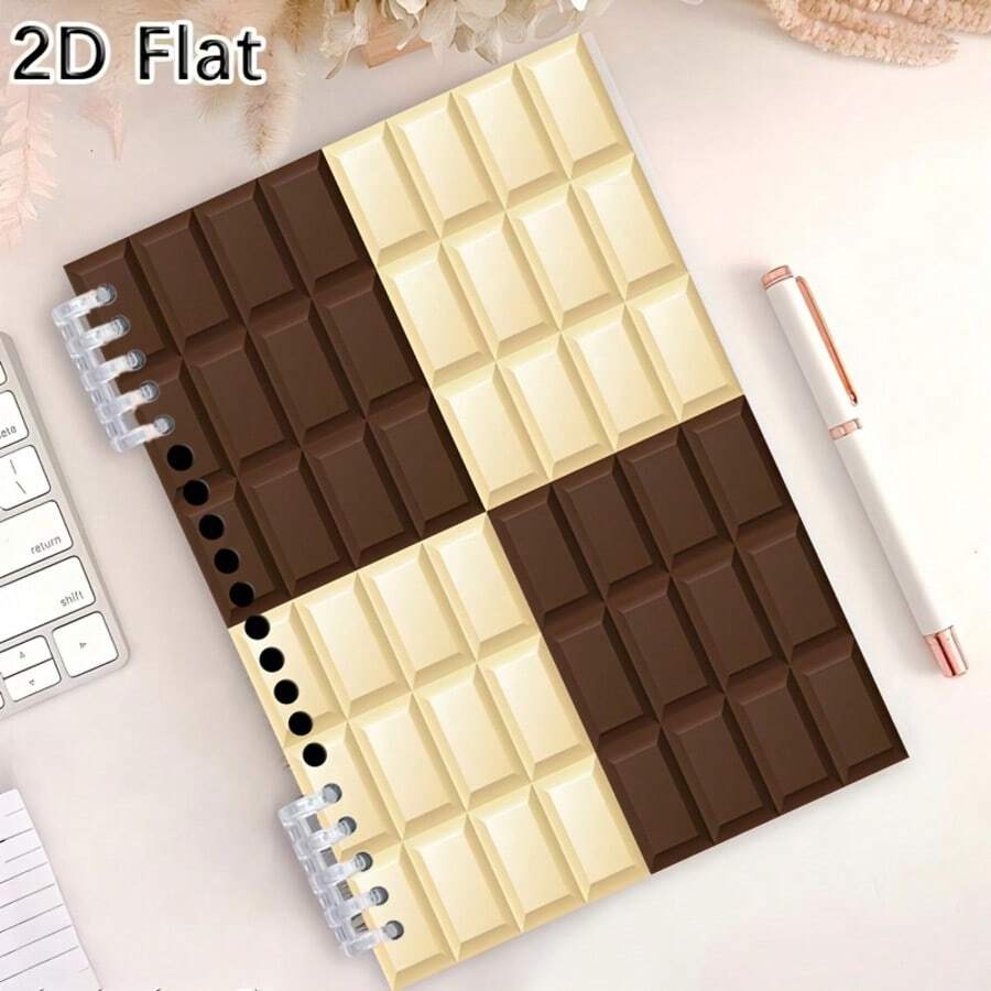 1 pieza Cuaderno de hojas sueltas con patrón de chocolate A5 de 5 anillos, adecuado para estudio diario, oficina y toma de notas - Rectángulo - Ver 1