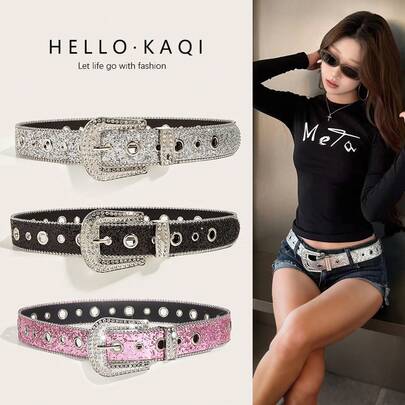 Glam Shiny Punk Sequined Decor Waistband Retro Y2K Sparkly Glitter Belt Fashion Accessory For Jeans Streetwear Festival Daily Outfit Matching