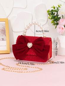 Red Tweed Bow Heart Rhinestone Mini Handbag, Faux Pearl Top Handle Chain Crossbody Bag, Wedding Evening Clutch Purse For - Red - View 3