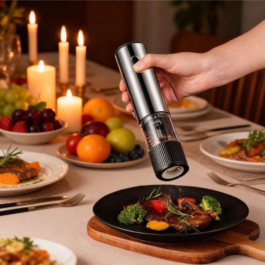Electric Salt And Pepper Mill Set, One-Touch Operated Spice Grinder, Rechargeable Reusable Seasoning Container With Stainless Steel Housing, Adjustable Grind Coarseness, Ideal For Home, Kitchen And Party Use - Black - View 1