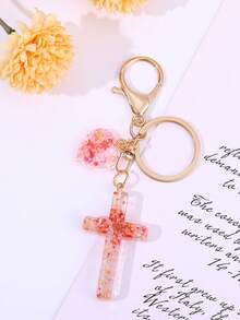 Dried Flower Resin Cross Keychain, Sparkling Heart Pendant Bag Charm, Natural Pressed Flower Cross Keychain, Religious Faith Heart Wallet Accessory - Multicolor - View 7
