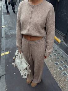 Senya Women's Elegant Solid Color Ribbed Knit Set, Zipper Cardigan Long Sleeve Jacket With Straight Leg Pants, Minimalist Slouchy Urban Commuter Outfit - Camel - View 5