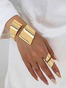 1 Set Gold Geometric Bangle Bracelet & Ring Jewelry Set, Matching Bracelet & Ring, Minimalist Thick Bracelet & Ring Set, For Women - Gold - View 1
