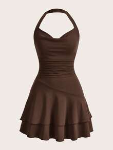 2026 New vestidos casual  Vestido negro mini con cuello drapeado, entallado, multicapa y volantes en el bajo, escote de cuello halter. Vestidos de verano, ropa de primavera - Marrón Chocolate - Ver 1