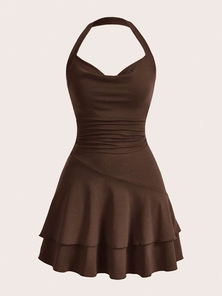 2026 New vestidos casual Vestido negro mini con cuello drapeado, entallado, multicapa y volantes en el bajo, escote de cuello halter. Vestidos de verano, ropa de primavera - Marrón Chocolate - Ver 1