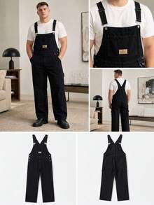 Black Washed Denim Overalls For Men, Adjustable Strap Wide Leg Workwear Bib Jumpsuit - Black - View 2