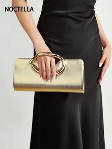 Noctella Fashion Metal Decor Mini Box Clutch, Elegant Shiny Metal Strip Embellished Women's Handbag, Luxurious Texture, Suitable For Evening Gowns, Parties, Weddings, Balls And Other Occasions, Comes With Metal Chain - Gold - View 1