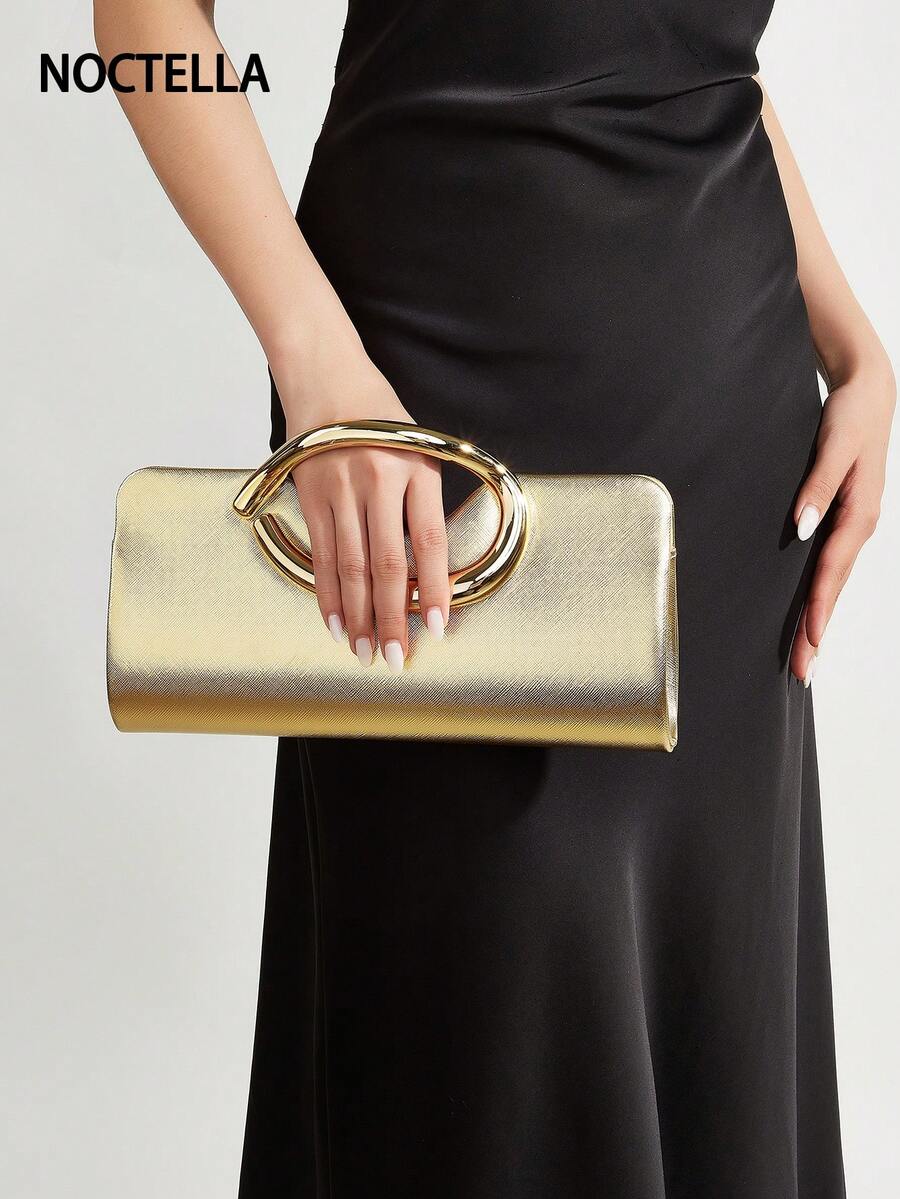 Noctella Fashion Metal Decor Mini Box Clutch, Elegant Shiny Metal Strip Embellished Women's Handbag, Luxurious Texture, Suitable For Evening Gowns, Parties, Weddings, Balls And Other Occasions, Comes With Metal Chain - Gold - View 1