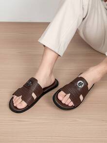 2026 New Men's Summer Casual Crocodile Pattern Open Toe Soft Sole Slides - Brown - View 9