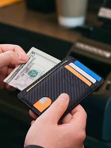 1pc Id Card Holder Wallet For Men, Anti Theft RFID Shielding Card Sleeve, Multi Slot Storage Card Bag,Carbon Fiber Textured Black Ultra-Thin Wallet - Multicolor - View 4