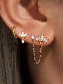 3pcs 18K Gold Plated Flower Zirconia Stainless Steel Stud Earrings, Sparkling Zirconia Flower Earring Set, Women's Cartilage Helix Double Hole Chain Piercing Earrings, Girls Gift Jewelry - Flower3 - View 2