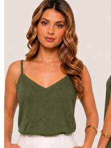 Thin-Strapped Tank Top. Polyester With Adjustable Straps. Available In Sizes V, S To XL. Perfect For Everyday Travel, Vacation, Home, And Summer. - Army Green - View 2