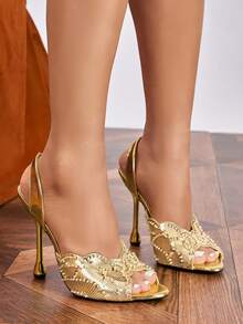 Women's Gold Fan-Shaped Beaded Sequin Round Toe Open Toe Asymmetric Water Drop Heel Sandals, Mule Shoes, Stiletto Heels, Bridal Shoes, High Heel - Gold - View 3
