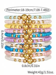 10pcs Girls Cute Boho Gold Ball Colorful Seed Bead Bracelets, Elastic Multi-Layer Stacking, Best Gift For Friends, Friendship Bracelets - one-size - View 3
