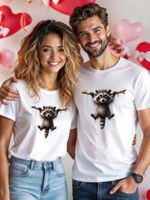 [New Products]Summer Men's Comfortable Breathable Round Neck Short Sleeve Solid Color Versatile Daily Casual T Shirt With Cute Hanging Raccoon Print - 白色 - 查看 2