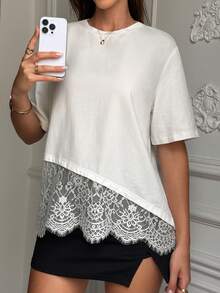 Women's Elegant Commuter Solid Color Lace Patchwork Round Neck Top White Summer - White - View 10