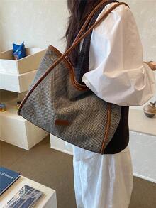 1件女款秋冬新款大容量拼色肩背托特包，時尚通勤包，大學課堂肩背包，適合辦公室、學校、休閒穿搭 - 卡其色 - 查看 5