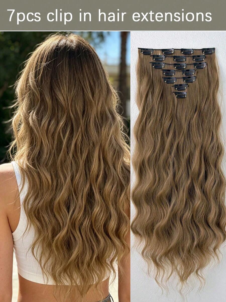 7 piezas de extensiones de cabello sintético resistente al calor de 24 pulgadas con ondas de agua de color marrón, para mujeres y niñas para fiestas y uso diario