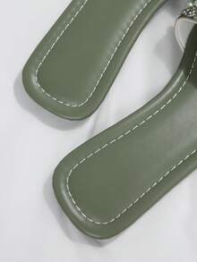 1 Pair Plus Size Black 3-Row Bead Fashion Elegant Solid Color Party New Style Luxury Non-Slip Outdoor Vacation Beach Comfortable Versatile Rhinestone Pearl Flat Square Toe Open Toe Indoor Home Slippers 41-43 Daily Women's Plus Size - Army Green - View 9