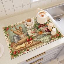 1pc Dish Drying Mat, Coffee Machine Mat, Strawberry Baking Scene Print Polyester Fiber Absorbent Mat, Durable, Highly Absorbent, Suitable For Dining Table, Cafe And More, Multipurpose Drainage Mat, Home Gift, Tabletop Decor - XYLSD-543 - View 6