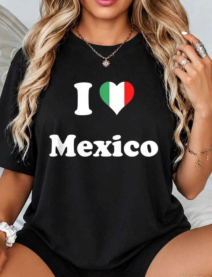 Women's Oversized Short Sleeve T-Shirt "I Love Mexico", 100% Cotton, Casual Short Sleeve Top, Soft And Comfortable T-Shirt For Mexico Fans, 100% Cotton - 黑色 - 查看 1