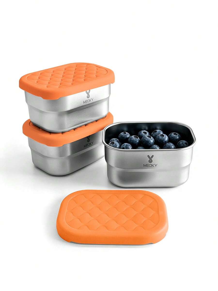 Meoky 3pcs 8oz Stainless Steel Snack Containers With Silicone Lids, Leak-Proof Small Food Storage Boxes, Reusable Metal Lunch Boxes For Snacks, Meal Prep, Travel & Picnic