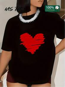 1 MS TAN Short Sleeve T-Shirt With Unique Print, 180g | 100% Pure Cotton, Red Heart Design, Soft And Breathable, Casual Round Neck Spring Summer Women's T-Shirt - 黑色 - 查看 1