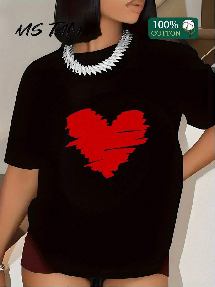 1 MS TAN Short Sleeve T-Shirt With Unique Print, 180g | 100% Pure Cotton, Red Heart Design, Soft And Breathable, Casual Round Neck Spring Summer Women's T-Shirt - 黑色 - 查看 1