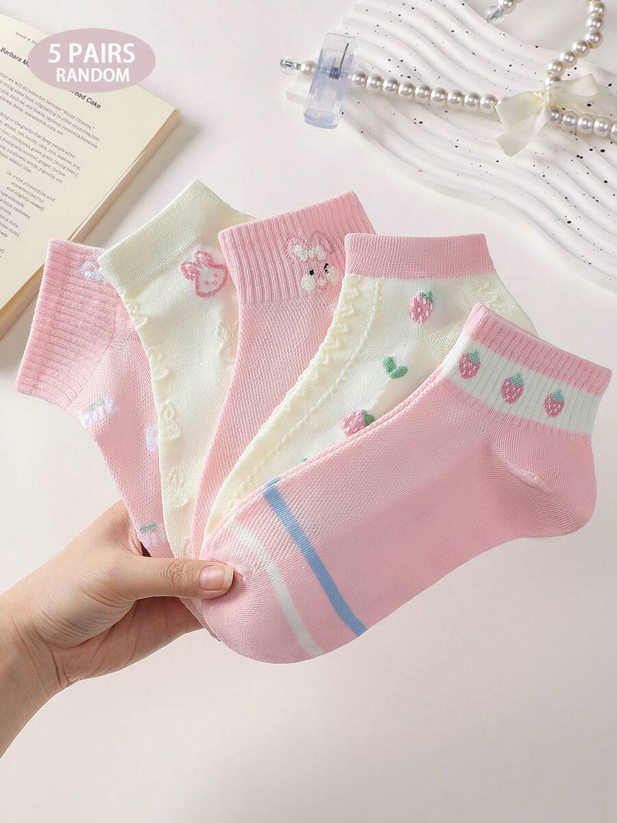 5 pares de calcetines tobilleros para mujer con lindo estampado de fresa, conejo y corazón, cómodos y suaves, absorbentes de sudor y transpirables, adecuados para uso diario, deportes y todas las estaciones - Multicolor - Ver 1