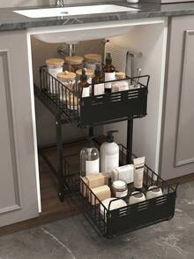 2-Tier Pull Out Cabinet Organizer,Rustproof Stainless Steel Sliding Spice Storage Rack,Space Saving Under Sink Pantry Organizer For Spices,Oil Bottles,Canned Food&Kitchen Accessories,Easy Install For Pantry,Countertop&Under Sink Kitchen Organization - Multicolor - View 10
