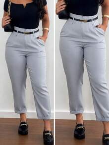 Women's High-Waisted Tailored Trousers With Belt | Elegant Formal Trousers With Pocket And Side Zipper - 02灰 - 查看 1