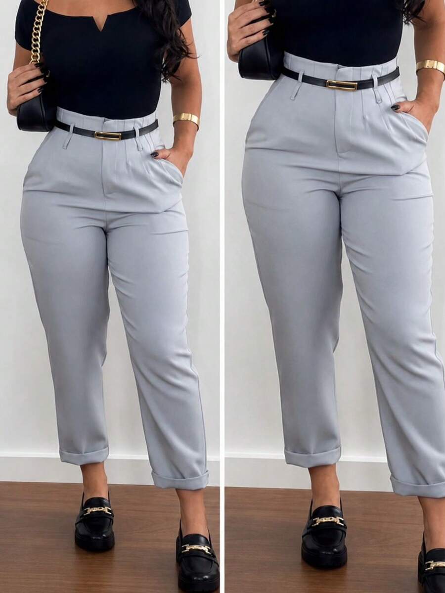 Women's High-Waisted Tailored Trousers With Belt | Elegant Formal Trousers With Pocket And Side Zipper - 02灰 - 查看 1