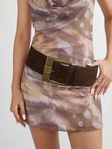 1pc Women's Coffee Color Double Buckle Elastic Waist Belt, Suitable For Dresses And Coats - Coffee - View 1