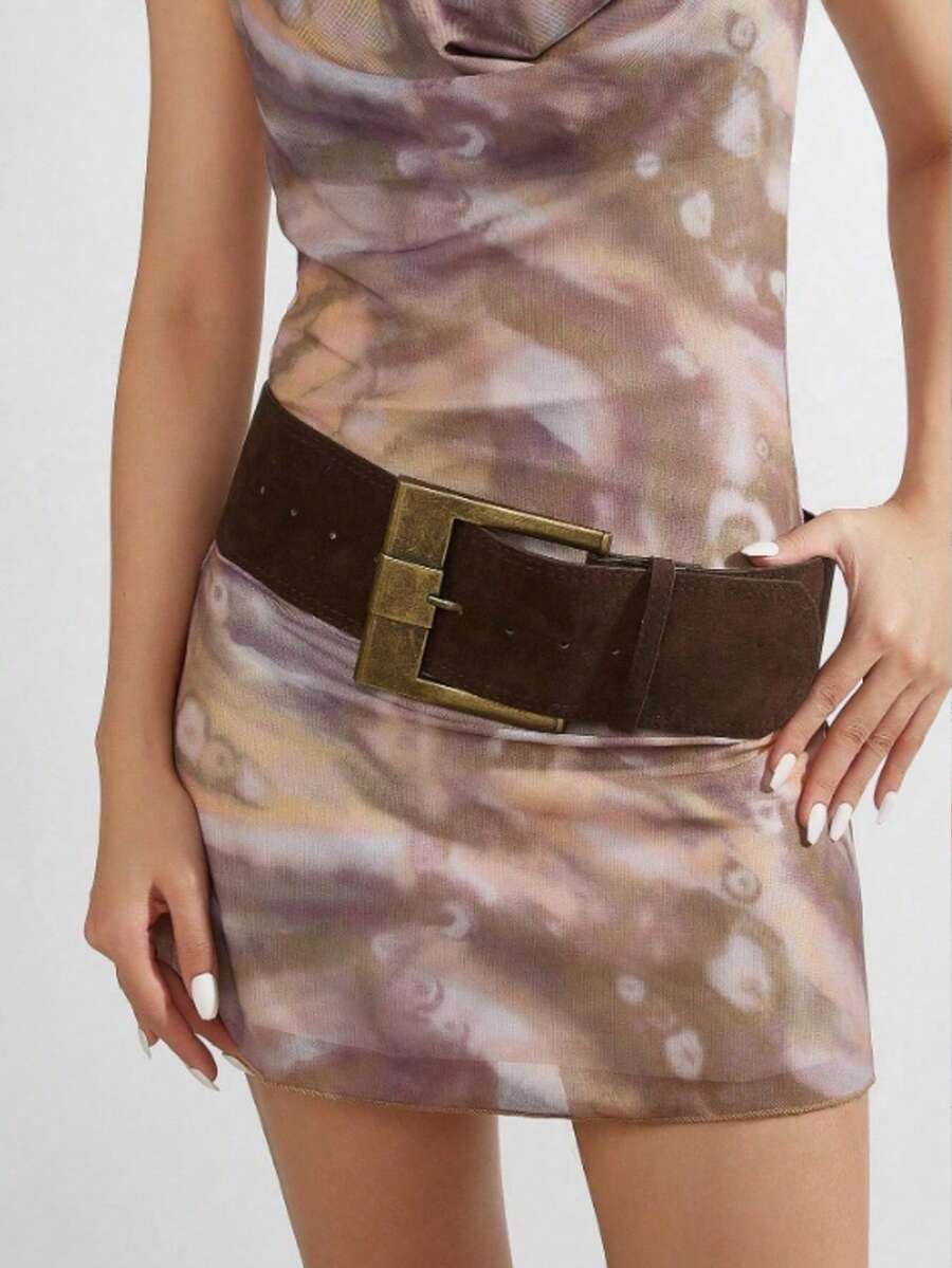 1pc Women's Coffee Color Double Buckle Elastic Waist Belt, Suitable For Dresses And Coats - Coffee - View 1