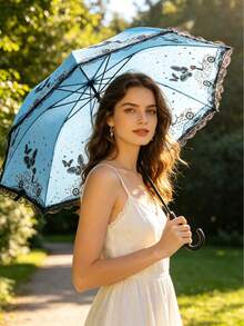 Butterfly Lace Edge Black Parasol, Dual-Use For Sun And Rain, UV Protection Sun Umbrella With Vintage Lace Trim, Lightweight And Compact, Suitable For Beach, Travel, Daily Commute, Outdoor Walks, Perfect For Women, Girls, Ladies, Great Father's Day Gift, Independence Day Essential, Graduation Season Essential, Summer Accessory - Multicolor - View 4