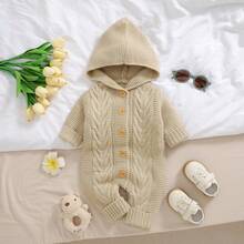 Autumn/Winter New Baby Infant Comfortable Soft Knitted Jumpsuit, Solid Color Hooded Design With Drawstring Detail, Casual Minimalist Jumpsuit, Warm And Fashionable For Daily Outings, Sweater Crawler Outfit Caring For Baby's Every Inch Of Skin - Khaki - View 14