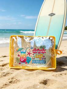 「Drink Beach」印花透明包，可愛拉鍊化妝包，多功能透明收納袋，女款透明盥洗包，5色可選，多色沙灘托特包，可折疊輕便盥洗手拿包，便攜旅行個人護理化妝收納盒，適合沙灘旅行、購物，完美適用於郵輪度假、沙灘日，教師節禮物 - 彩色 - 查看 9