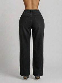 Pantalón Mezclilla Stretch Mujer Corte Amplio Cintura Alta - Negro - Ver 5