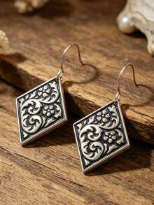 1 par de pendientes vintage con relieve de rombo y flores, pendientes colgantes geométricos tallados, joyería de oreja estilo retro de la corte - Plata antigua - Ver 5