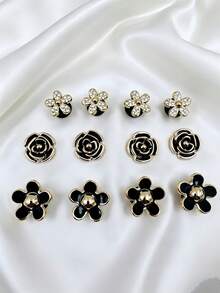 12pcs Gold Flower Shoe Charms - Made Of Durable ABS Material, Hollow Design, Suitable For Sneakers, Sandals And Slippers, Perfect For Mother's Day, Christmas And Other Holiday DIY Shoe Decorations, Shoe Charms | Flower Shoe Charms | Hollow Shoe Charms - Black - View 4