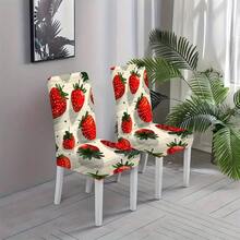 Universal Size Strawberry Print Stretch Chair Covers, Packs(1/2/4/6/8Pcs), Two Designs: Full Strawberry & Red Gingham Strawberry, High Elastic Full Wrap Washable, 2D Printed, Easy Install For Kitchen, Party Decor & Gifts. - Multicolor - View 6