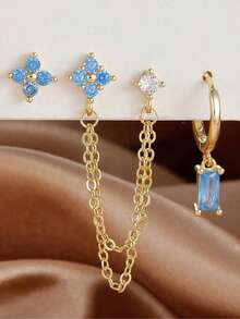 3pcs/Set, Single Ear Wear, 18K Gold Plated Copper Hoop Earrings And Stainless Steel Stud Earrings, Sparkling Butterfly Zirconia Flower Earrings, Women's Cartilage/Helix/Tragus Double Hole Chain Piercing Earrings, Girls Gift Jewelry - 3pcs Earrings Set - View 11