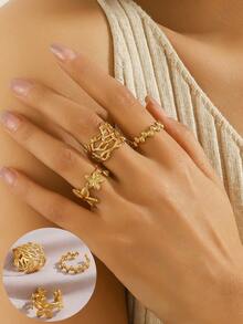 3pcs/Set Stainless Steel 18K Gold Plated Fashion Flower & Geometric Ring Set, Suitable For Women's Daily Wear, Dating, Holiday Gifts - Gold - View 4