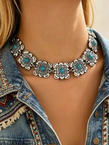 1 pieza Collar corto de mujer con incrustación de turquesa falsa cuadrada de estilo bohemio vintage, adecuado para uso casual y diario - Plata antigua - Ver 3