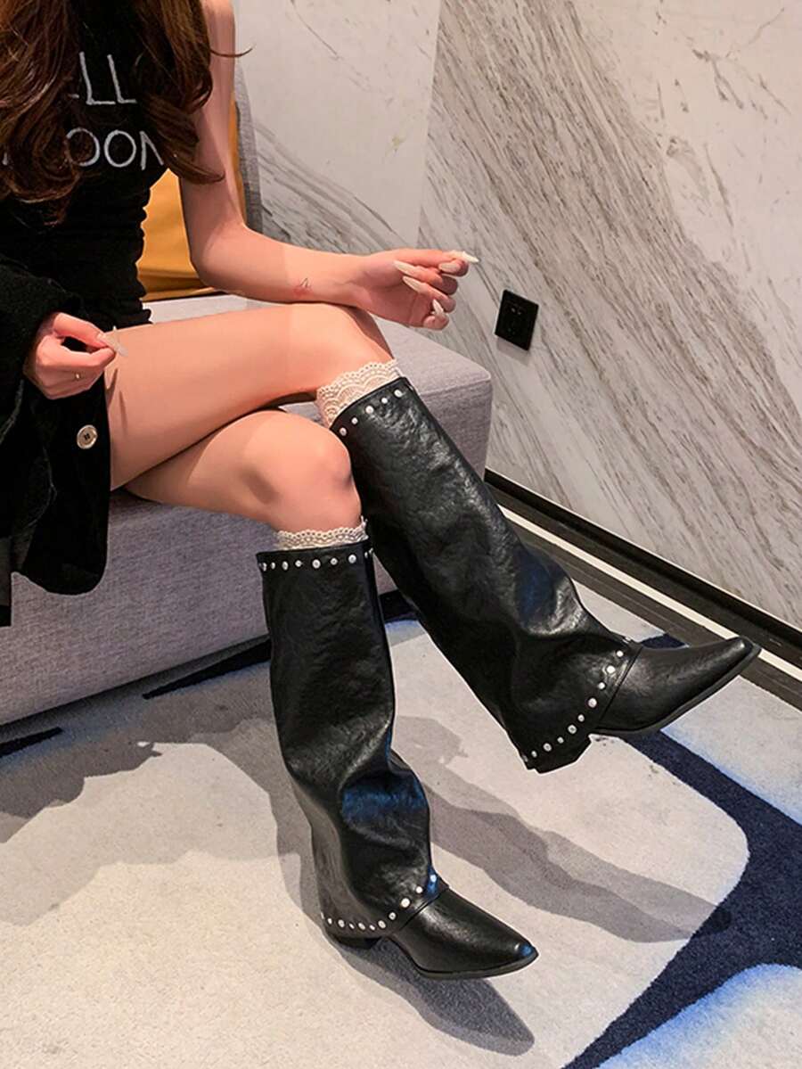 Vintage Rivet High Shaft French Women's Boots, Versatile Western Style Riding Boots, Tall Boots For Petite Women