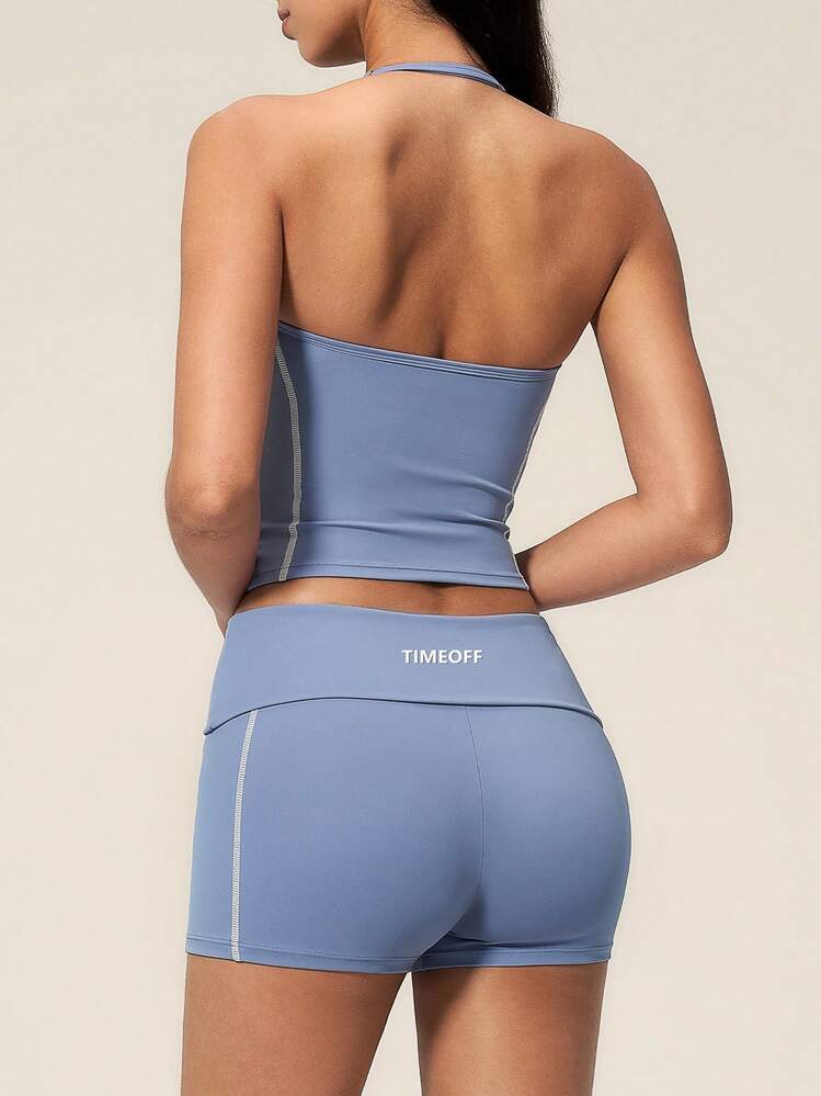 TimeOff 女款純色可調式肩帶細肩帶背心上衣與寬腿中長版短褲運動套裝 - 藍色 - 查看 10