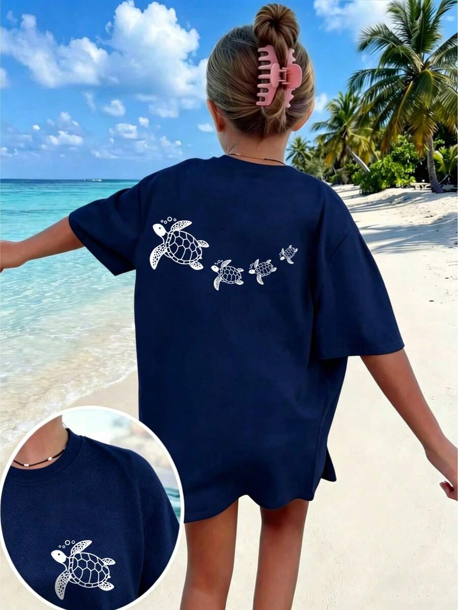 Tween Girl Soft & Comfortable Sea Turtle Print T-Shirt, Suitable For Daily Wear And Vacation In Summer - Navy Blue - View 1